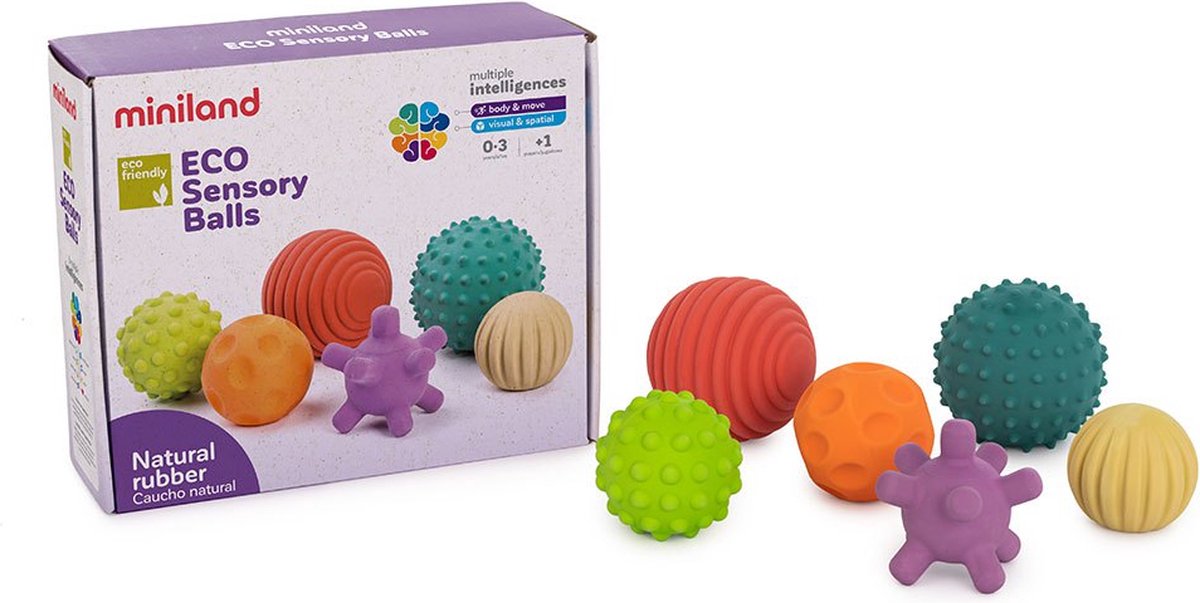 Miniland ml Vorschule Öko: Gummibälle Durchmesser 7 cm, Sinnesbälle aus Naturkautschuk, 6 Stück, Box 15 x 22 x 9 cm, 0+