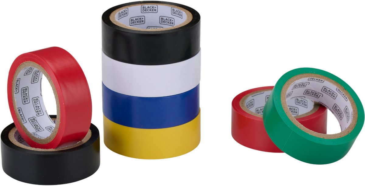 Black+Decker Isolierband-Set 8-teilig – Isolierband 18 mm x 5 m – Isolierband in verschiedenen Farben – Klebeband-Set für Kabel und Leitungen