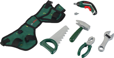 Klein Toys Bosch Mini-Werkzeuggürtel-Set – Akkuschrauber, Hammer, Zange, Säge, Schraubenschlüssel, Schraubendreher – inkl. Licht- und Soundeffekte - grün rot