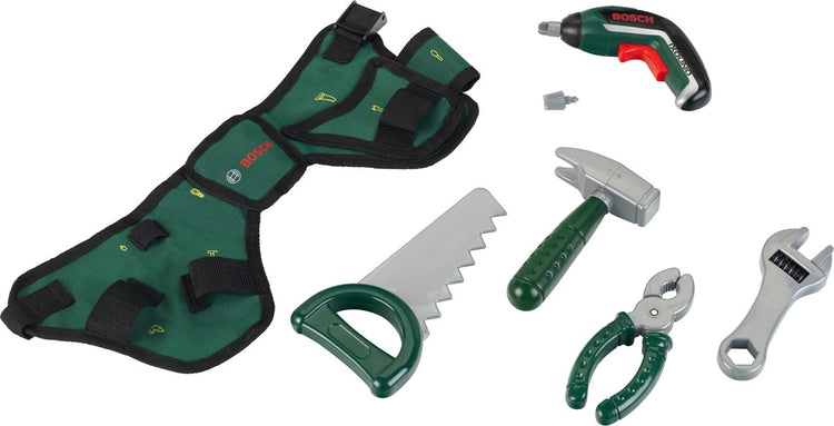 Klein Toys Bosch Mini-Werkzeuggürtel-Set – Akkuschrauber, Hammer, Zange, Säge, Schraubenschlüssel, Schraubendreher – inkl. Licht- und Soundeffekte - grün rot