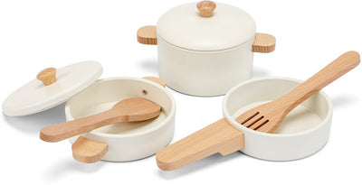 Woet® Holz-Pfannenset weiß – 7-teiliges Set mit Kochutensilien – Spielzeug-Küchenset – Spielzeug-Küchenzubehör für Kinder – Rollenspiel-Küchenspielzeug – ab 2 Jahren