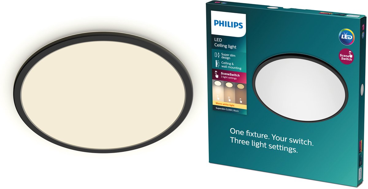 Philips LED Philips superschlanke Deckenleuchte – Schwarz – groß – warmweißes Licht – 18 W