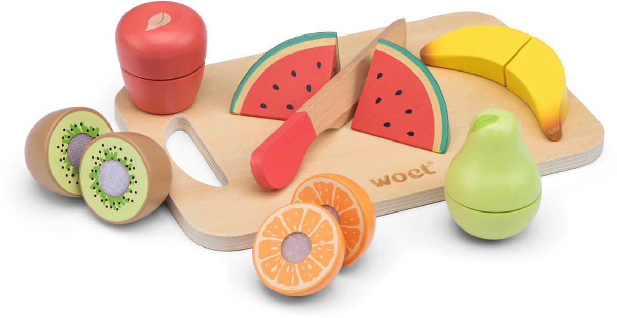 Woet® Obstschneideset aus Holz – Spielset mit Schneidebrett und Schneideobst – Lernspielzeug Essen – Rollenspiel-Küchenspielzeug – ab 2 Jahren