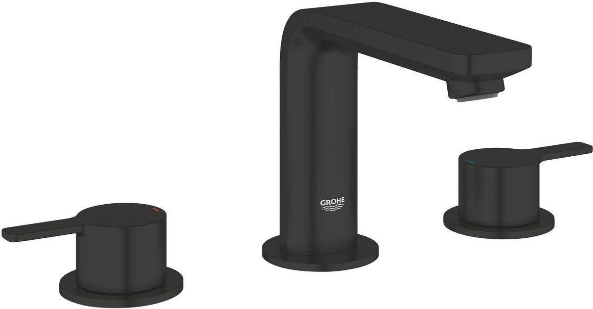 Grohe lineare neue Dreiloch-Waschtischarmatur M-Size – mit Zugstangen-Ablaufgarnitur – Ecojoy – Fastfixierung – Mattschwarz