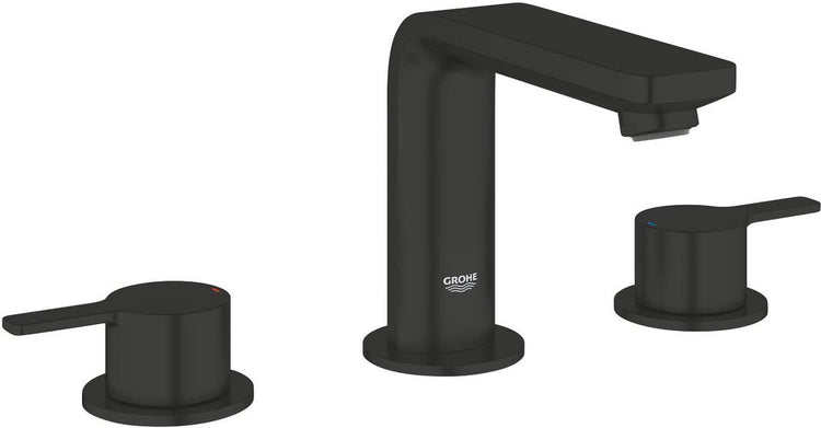 Grohe lineare neue Dreiloch-Waschtischarmatur M-Size – mit Zugstangen-Ablaufgarnitur – Ecojoy – Fastfixierung – Mattschwarz
