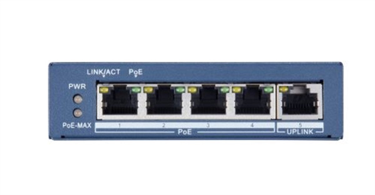 Hikvision DS-3E0505P-E Pro-Serie, 4-Port-Unmanaged-PoE+-Switch mit 1x RJ45