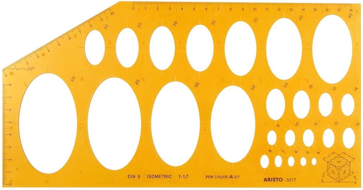 Aristo Ellipsenschablone – Abmessungen 295 x 150 mm – 25 Ellipsen – isometrisch – orange transparent – AR-5017
