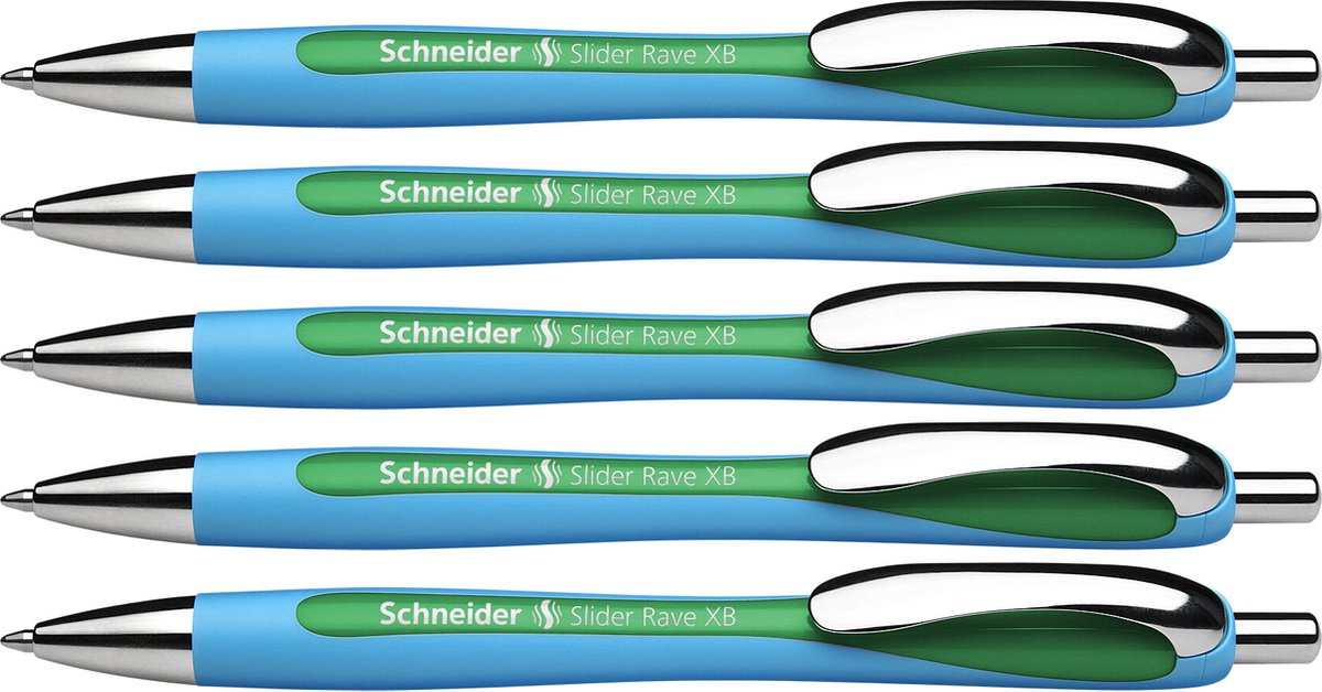 Schneider Schreibgeräte Schneider Kugelschreiber – Slider Rave – Feder xb – Schreibbreite 1,4 mm – Schreibfarbe grün – 5 Stück – S-132504-5