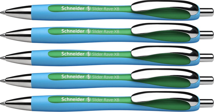 Schneider Schreibgeräte Schneider Kugelschreiber – Slider Rave – Feder xb – Schreibbreite 1,4 mm – Schreibfarbe grün – 5 Stück – S-132504-5