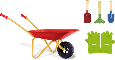 Klein Toys Gartenset mit Schubkarre – Handschuhe, Schaufel, Rechen und Spaten – Kinderschubkarre belastbar bis 10 Kilo – Mehrfarbig