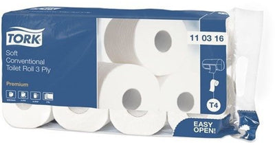 Tork 8 Stück Toilettenpapier (110316.1), traditionell, 3-lagig, weiß, Premium-Packung mit 8 Rollen à 250 Blatt (7310791114828)