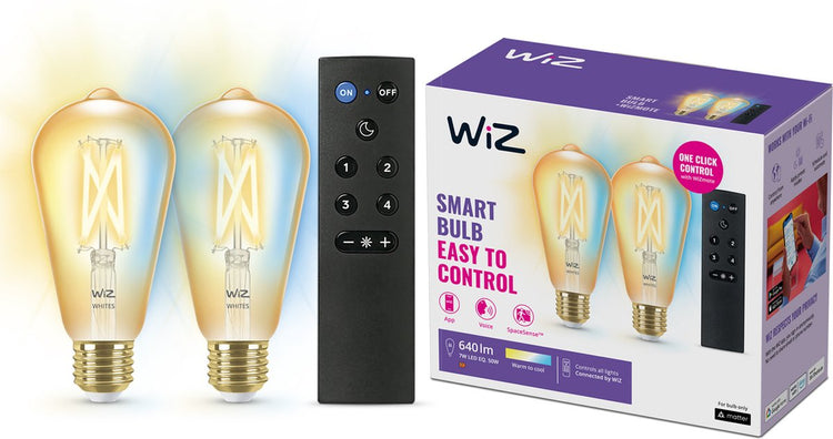Wiz-Filamentlampe Edison – 2er-Pack + Fernbedienung – warmes bis kaltweißes Licht – intelligente LED-Beleuchtung – E27-Fassung – 50 W – Gold – WLAN