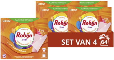 Robijn – Reinigungstücher – Farbe – 100 % lösliche Tücher in einer Kartonverpackung – 4 x 16 Waschstreifen