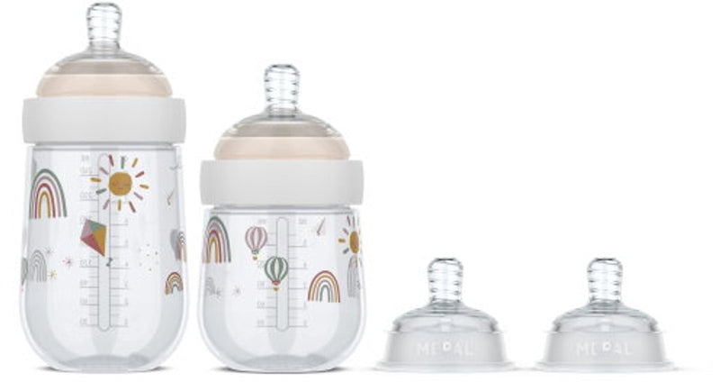 Mepal Mio Starterset Babyflaschen 3-teilig – Anti-Kolik – Spiraldesign verhindert Verstopfen – medizinisches Silikon – Sonnenschein-Regenbogen