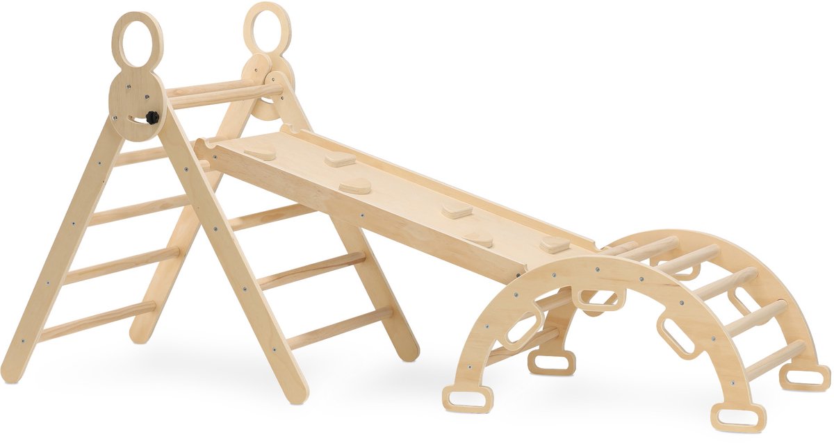 Deryan Luxus-Klappdreieck mit Kletterbogen und Rampe mit Klettergerüstrutsche – Montessori-Möbel-Spielhalle aus Holz