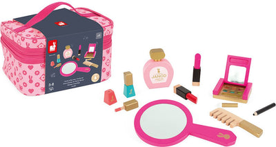 Janod – P'tite Miss Beauty Case – inklusive 9 Holzaccessoires – Spielzeug-Make-up – Tasche mit Reißverschluss, um Ihre Spielzeuge überall hin mitzunehmen – geeignet ab 3 Jahren