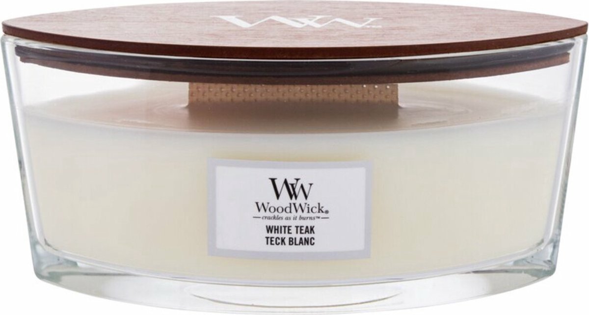 Woodwick Heartwick Flame Ellipse Duftkerze – weißes Teakholz – 50 Brennstunden