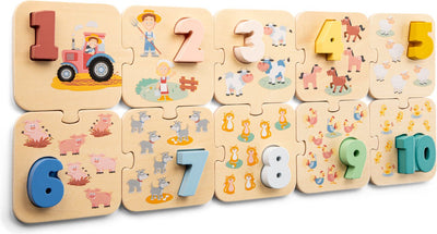 Woet® Zahlenpuzzle Bauernhof aus Holz – Zählen lernen – Zahlen 1 bis 10 – Puzzle mit Zahlen und Tieren – FSC-Lernspielzeug – ab 2 Jahren