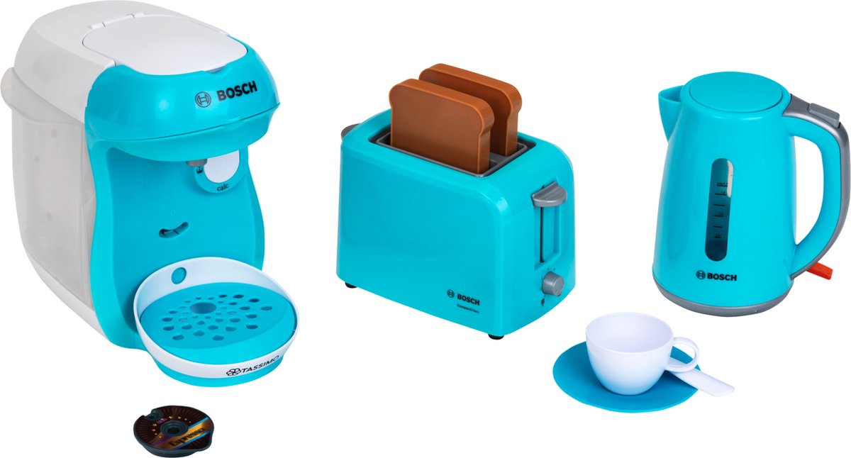 Klein Toys Bosch Spielzeug-Küchenzubehör-Set – Kaffeemaschine – Wasserkocher – Toaster – inkl. Ton - blau
