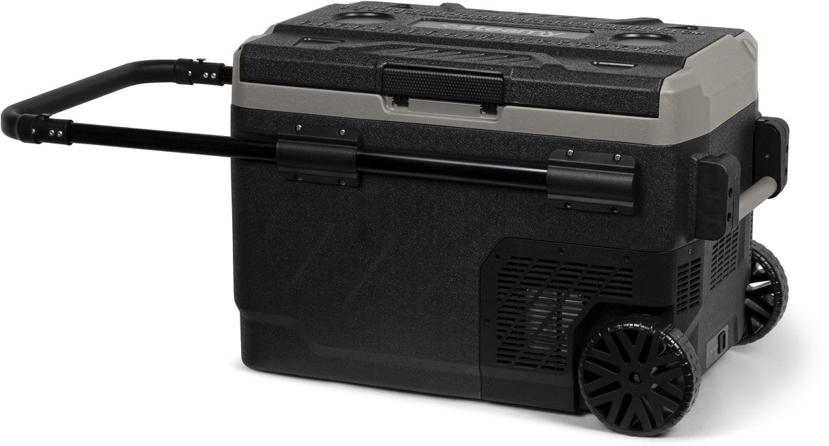Steamy-e Zweizonen-Roller-Kühlbox mit elektrischem Kompressor auf Rädern – Doppelzone – 40 Liter – 12 V und 230 V – für Auto und Camping – Schwarz