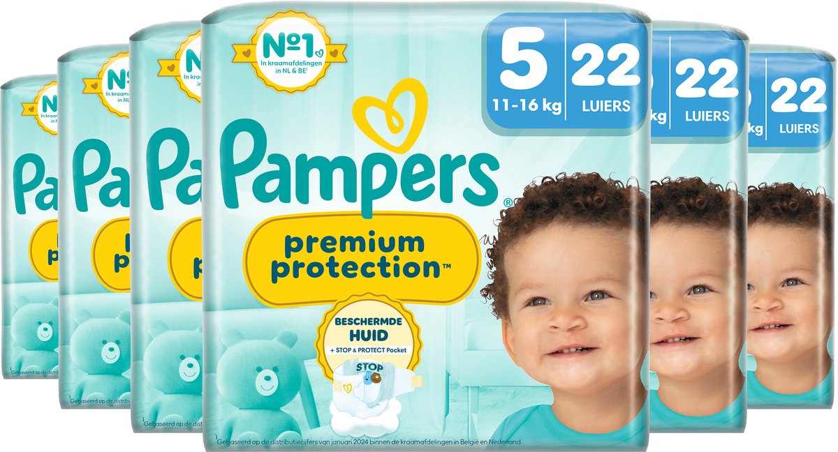 Pampers Premium Protection Windeln der Größe 5 – 6 x 22 Stück – 11 kg bis 16 kg