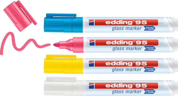 Edding 95 4 s Glasmarker-Set – sortiert hell 4-teilig: Gelb, Pink, Hellblau, Weiß – direkt ohne Pumpsystem einsetzbar – 1,5–3 mm