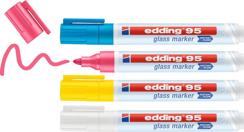 Edding 95 4 s Glasmarker-Set – sortiert hell 4-teilig: Gelb, Pink, Hellblau, Weiß – direkt ohne Pumpsystem einsetzbar – 1,5–3 mm