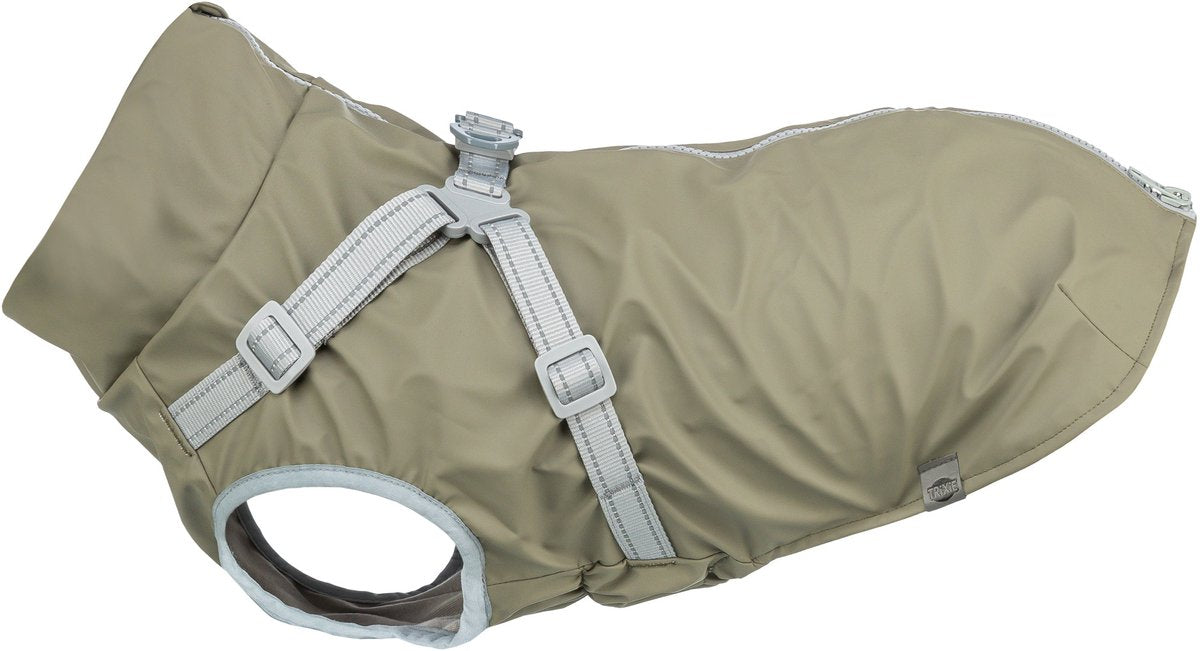 Trixie Regenmantel Hund Olivgrün 36 cm – wasserdicht, reflektierend – Geschirr inklusive