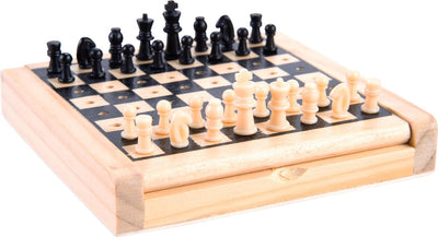 Engelhart Reiseschach Holz – Taschenschach 12 x 12 cm – Schachbrett aus Gummibaumholz mit Ablagefach – König 21 mm –