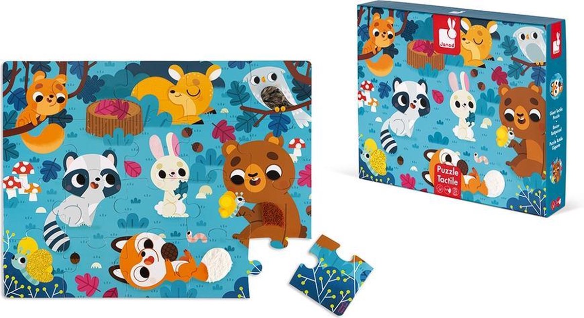 Janod Tastpuzzle - Waldtiere - Riesiges 20-teiliges Puzzle aus stabilem Karton, davon 7 Teile mit Texturen - inklusive Poster - geeignet ab 2 Jahren