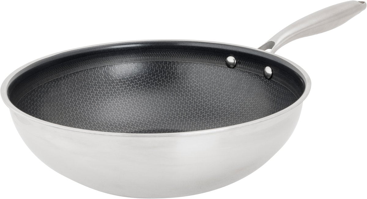 Gemütliche trendige Hexapro-Wok-Pfanne – ø28x9cm – PFAS-frei – Induktions-Wok-Pfanne – ofenfest bis 200°C – schnelles Erhitzen – ohne Deckel – silbergrau