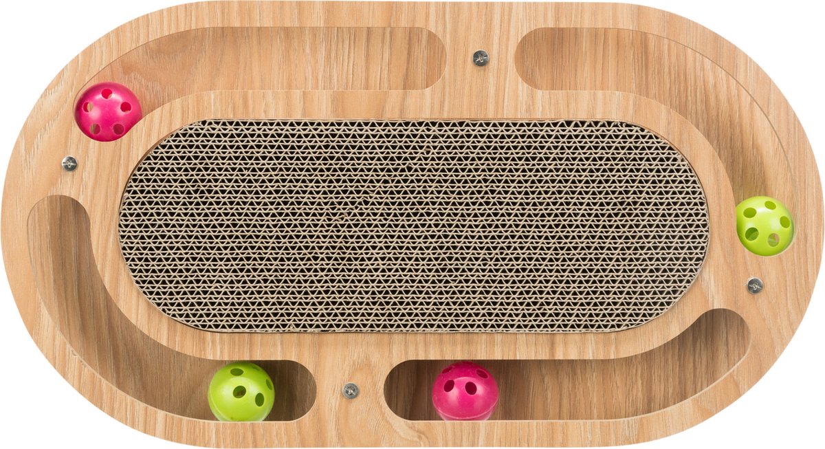 Trixie Kratzpappe - mit Spielzeug - Holz - mit Katzenminze - 46x25x4 cm