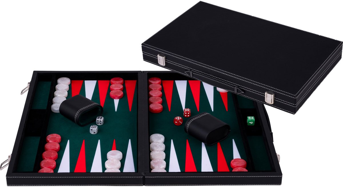 Longfield Backgammon 18 Zoll – grün, rot und weiß eingelegtes Brett – Kunstledertasche mit Griff – Engelsherz