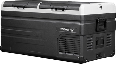 Steamy-e Zweizonen-Kühlbox mit elektrischem Kompressor – Doppelzone – 90 Liter – 12 V und 230 V – für Auto und Camping – Schwarz