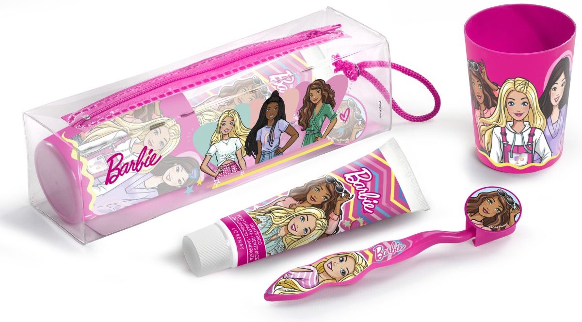 Lorenay – Barbie – Zahnbürstenset + Zahnpasta + Becher + Etui – Reisetasche für Kinder
