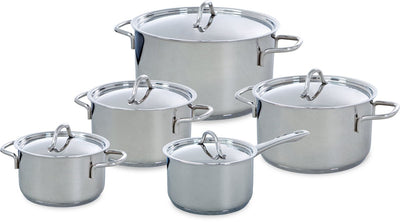 BK Profiline Pfannenset 5-teilig – 16 18 20 24 cm – 1,6 2,5 3,5 6 l – ohne PFAS-freie Antihaftbeschichtung – Pfannenset aus Edelstahl – Induktionskochpfanne – ofenfest bis 230 °C – mit Deckel – silberfarben