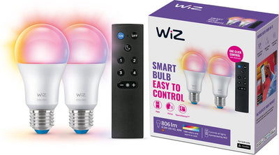Wiz-Lampe im 2er-Pack + Fernbedienung – farbiges und weißes Licht – intelligente LED-Beleuchtung – E27-Fassung – 60 W – matt – WLAN