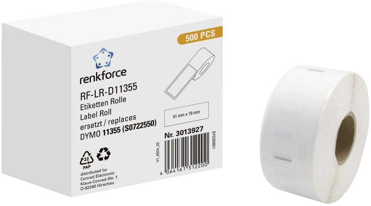 Renkforce RF-6027854, weiß, selbstklebendes Druckeretikett, Endlosetikett, Rolle, Papier, Thermodirekt