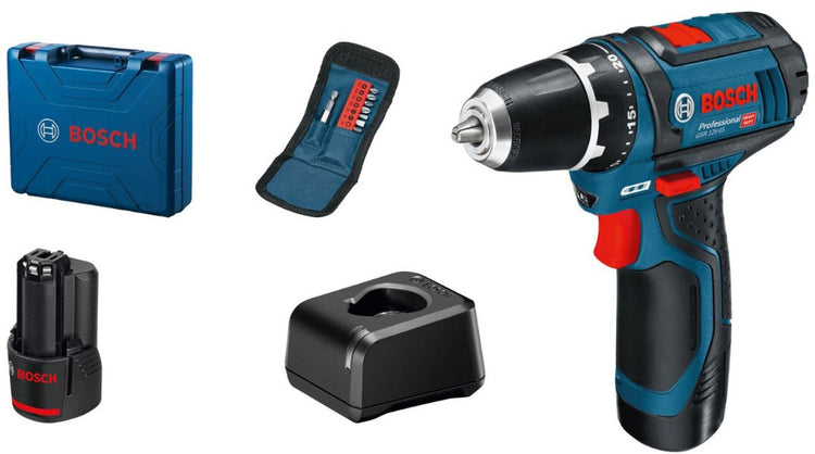 Bosch Professional GSR 12V-15 Schraubendreher – mit 2x 12V Akkus und Ladegerät – inkl. Gehäuse und Bitsatz