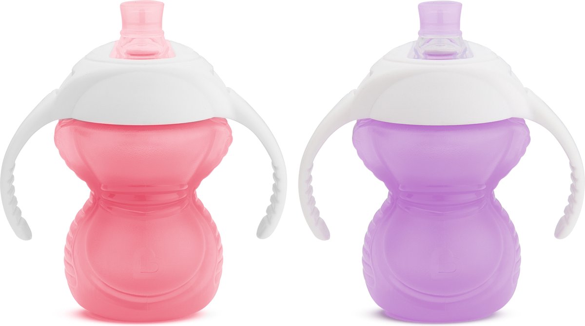 Munchkin Trinkbecher 2er-Pack – bissfester Trainerbecher mit Klickverschluss – bissfester Trinkbecher für Babys – Übergangsbecher – ab 6 Monaten – Becher mit Henkeln – 207 ml – lila rosa
