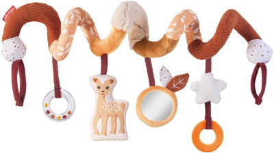 Sophie die Giraffe Fanfan der Hirsch Aktivitätsspirale – dehnbar 20–80 cm – weicher Stoff mit Strukturen – Quietsche, Knisterpapier, Spiegel, Beißring und Rasselring – einfache Befestigung mit Klettverschluss – ab 3 Monaten