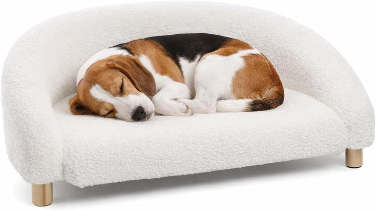 Hundebett Flamingo – Sofa Hund – Sofa Katze – Dorado halbrund weiß – 77 x 50 x 27 cm – Holzbeine – waschbar