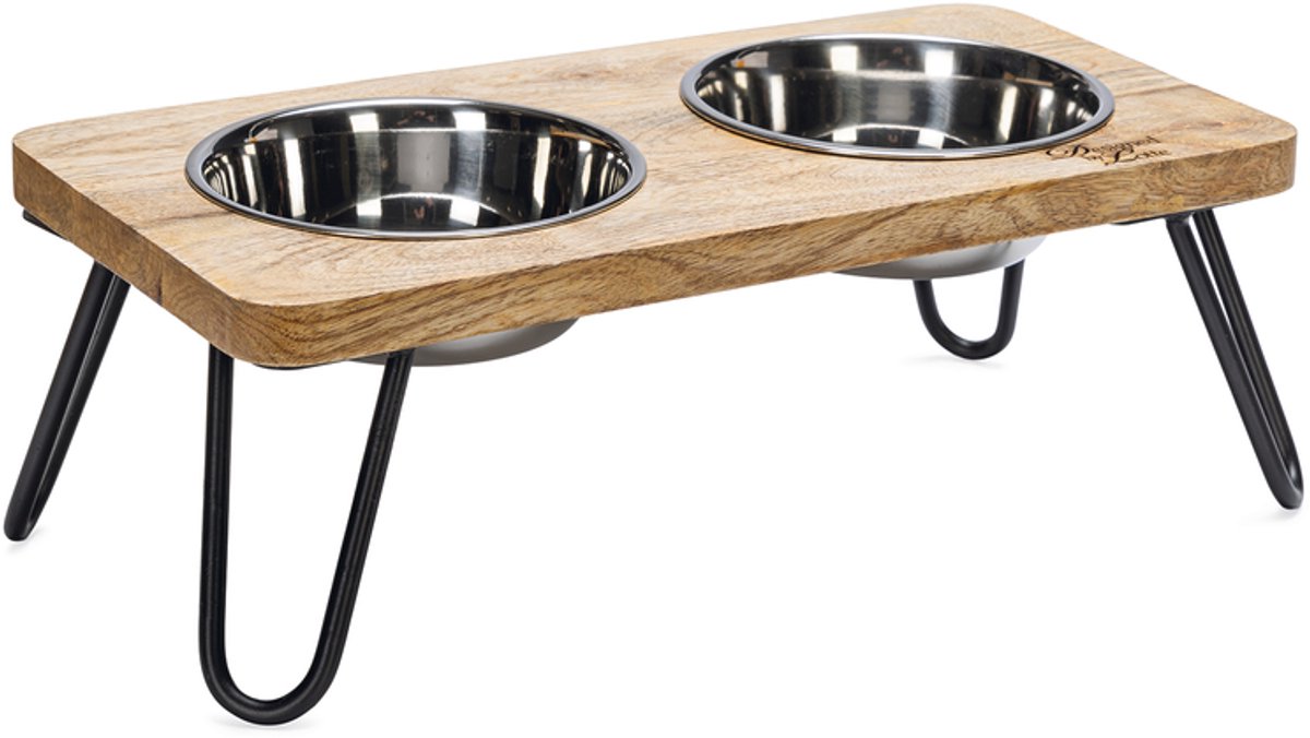 Entworfen von Lotte Linga – Katzengeschirrset – Katzenfutternapf – Katzentrinknapf – Holz Metall – inkl. 2 Schüsseln