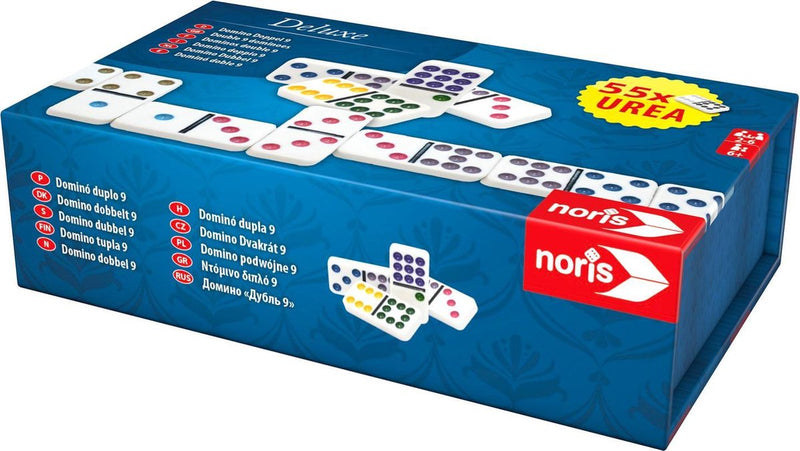 Noris Dominosteine Deluxe Double 9 weiß – klassisches Spiel für 2–6 Spieler – 55 Teile