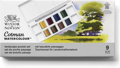 Winsor Newton 0390673 Cotman Aquarellfarben-Set im Querformat im Taschenformat – 8 halbe Aquarellpfannen mit Reisepinsel