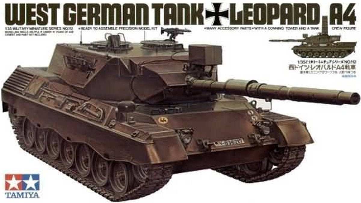 Tamiya Modellbausatz Militärfahrzeuge – 35112 BW MBT Leopard 1a4 mit 1 Figur aus Kunststoff – 1:35 – Modellbau