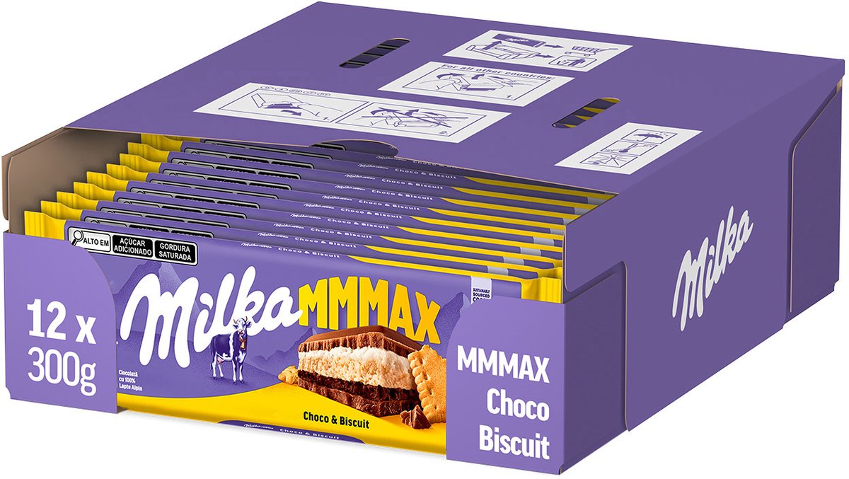 Milka mmmax Schokoriegel Choco Swing Biskuit – Box 12 x 300 g – Schokoriegel und Tafeln – Vorrat – Geburtstagsgeschenk Frau oder Mann – Geschenkset für Mann und Frau