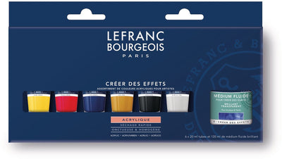 Lefranc Bourgeois 300343 feines Acrylset „Create Effects“ | Acrylfarbe mit Glanzmedium | 6×20 ml + 120 ml