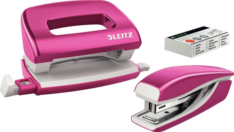 Leitz Wow Mini-Heftgerät und Locher-Set aus Metall – inklusive Heftklammern – rosa metallic – ideal für den Heimarbeitsplatz im Home-Office