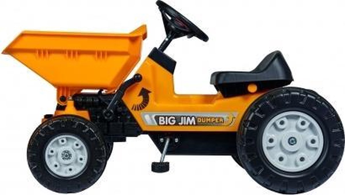 Groß – Jim Dumper Trettraktor – Muldenkipper – ab 3 Jahren – gelb – Dreispeichen-Lenkrad – mechanische Hupe